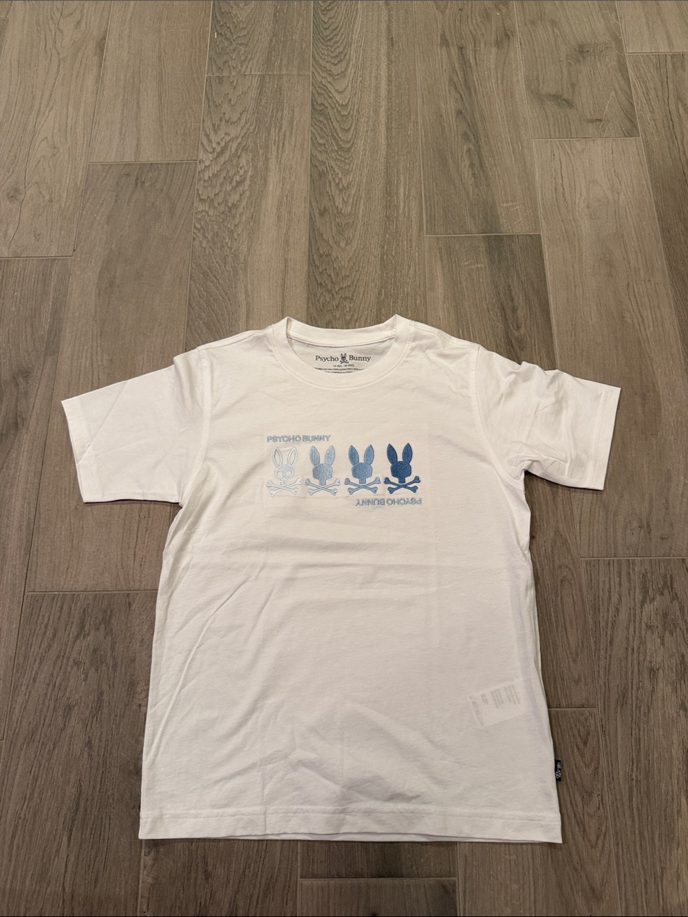 Psycho Bunny Boys White Short-Sleeve Tee with Blue Bunny Graphic Size 14-16/L